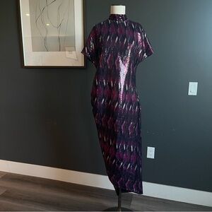 NWT MISA Los Angeles Divia Fuchsia Purple Ikat Sequin Asymmetrical Midi Dress L